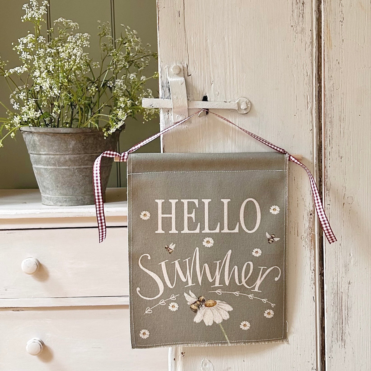 View of Handmade HELLO SUMMER Organic Cotton Wall Hanging – Goose & Grey