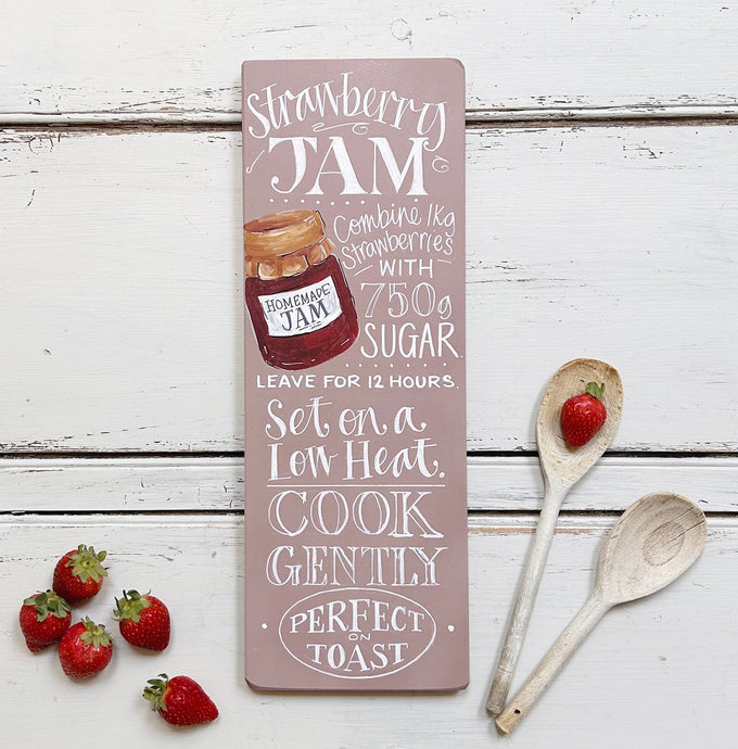 Hand Painted Original STRAWBERRY JAM Recipe Board in Vintage Pink