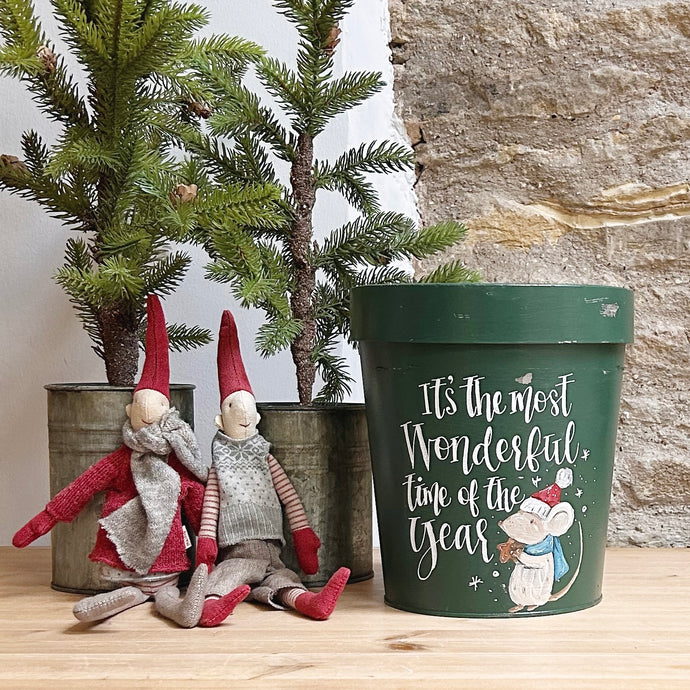 Medium Hand Painted Chippy Christmas Flower Pot - 