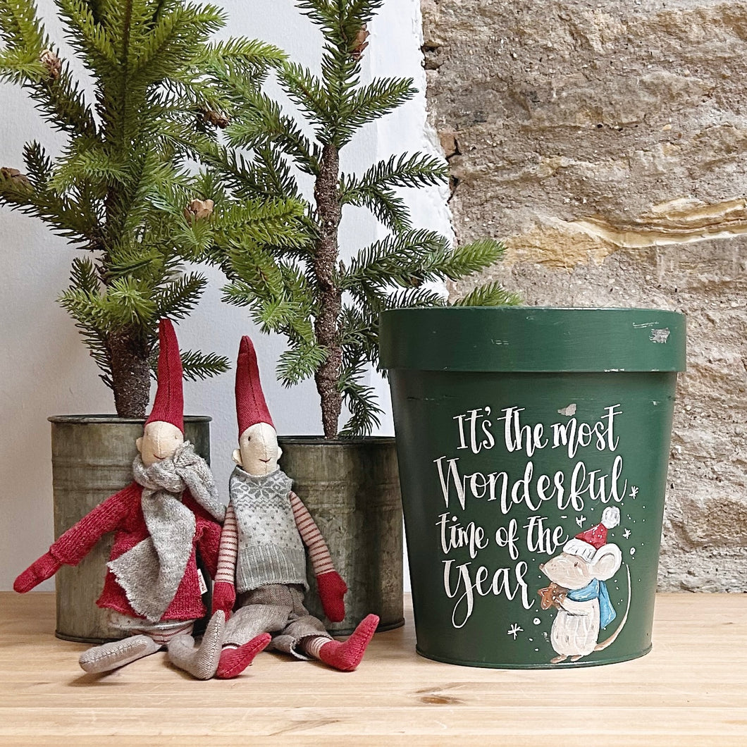 Medium Hand Painted Chippy Christmas Flower Pot - 