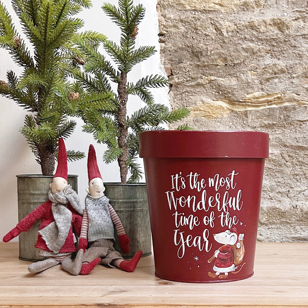 Medium Hand Painted Chippy Christmas Flower Pot - 