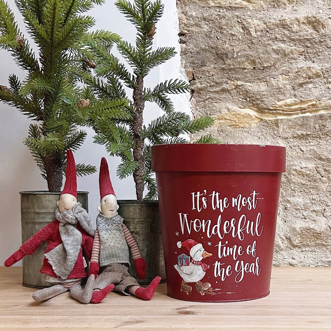 Medium Hand Painted Chippy Christmas Flower Pot - 