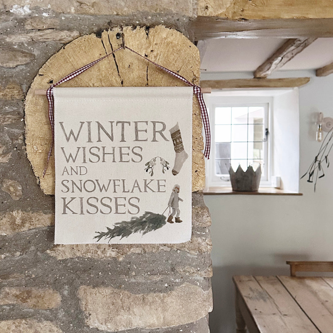 Handmade WINTER WISHES Small Organic Cotton Wall Hanging