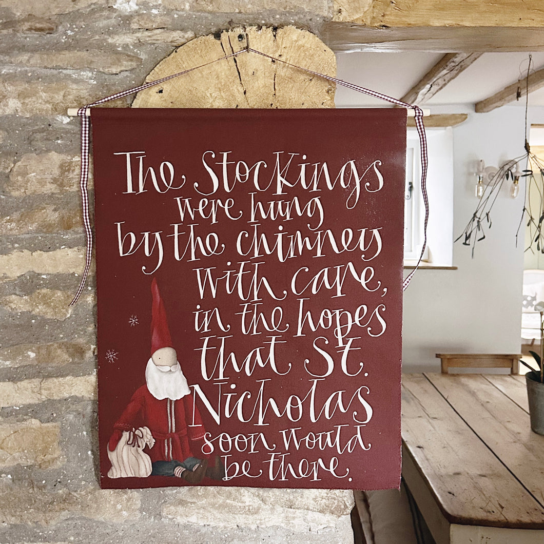 Handmade THE STOCKINGS WERE HUNG Large Organic Cotton Wall Hanging