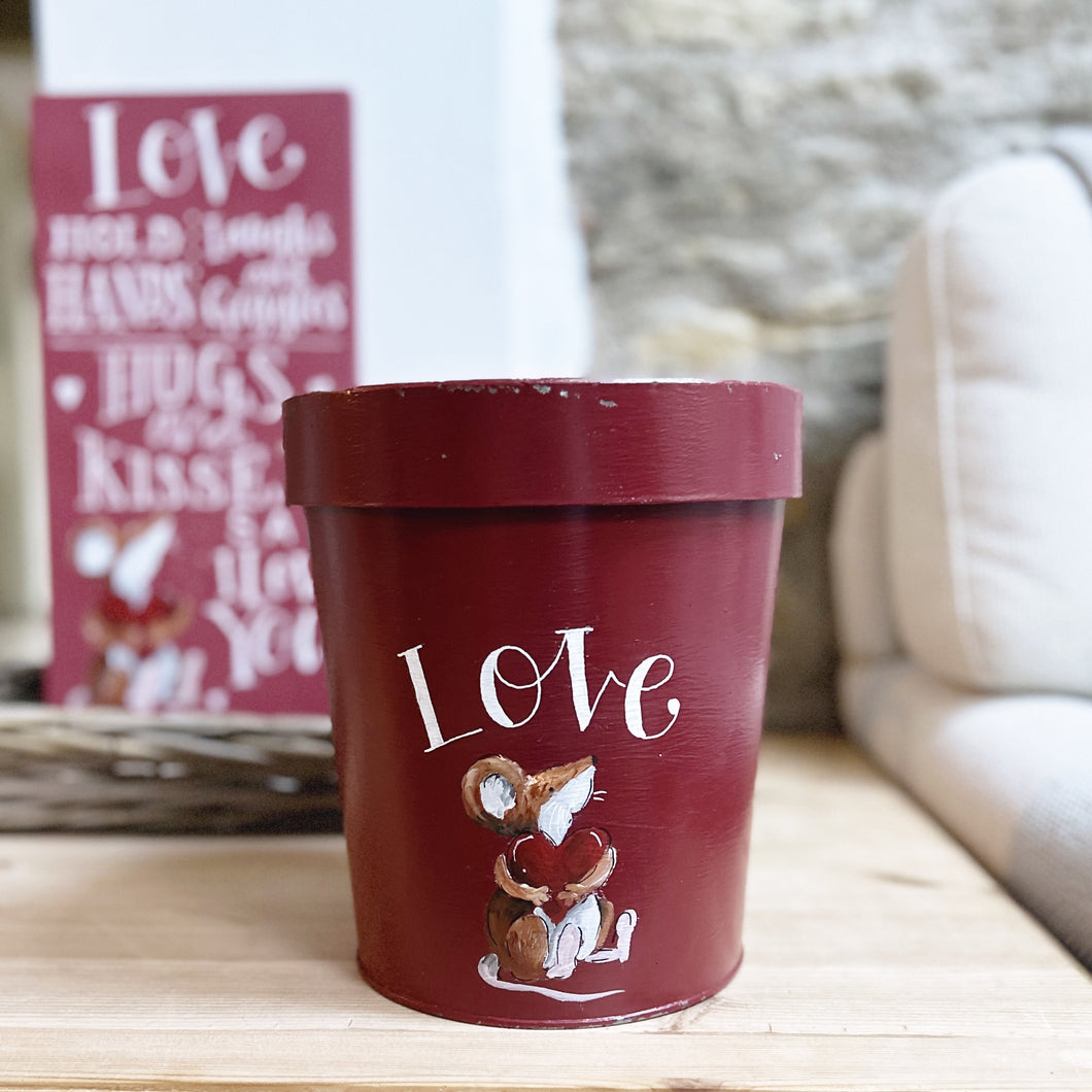 Hand Painted Chippy LOVE Large Flower Pot in Cranberry