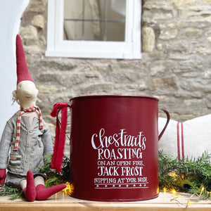 Hand Painted Large Galvanised CHESTNUTS ROASTING Christmas Tub in Cranberry